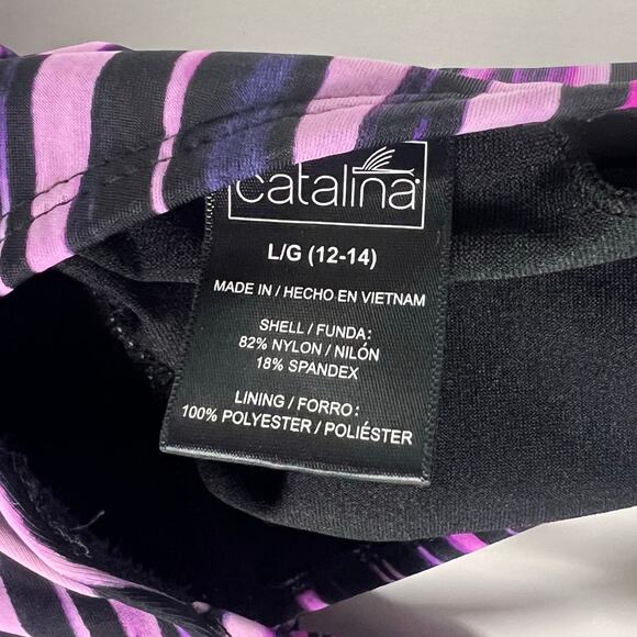 Catalina One Piece Swimsuit  L (12-14) Purple Stripe X Back Plunge Removable Cup - Picture 6 of 7